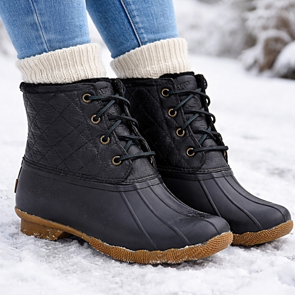 Women's Sperry Top Sider Saltwater Winter Lux Shearling Lined Duck Boot 7.5M BLK